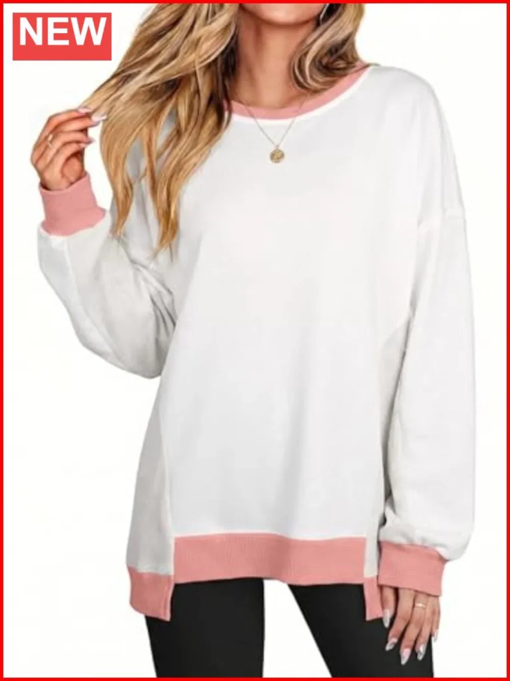 Waffle Knit Color Block Oversized Sweatshirt Crew Neck Pullover